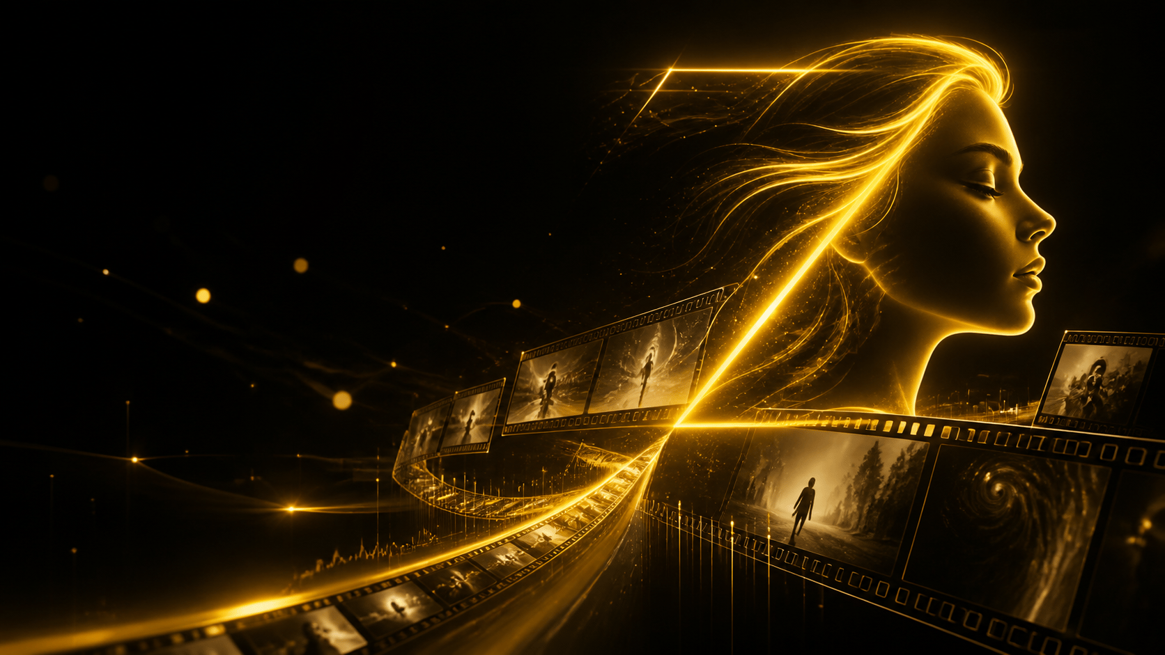 Gold-lit cinematic profile and film frames in motion