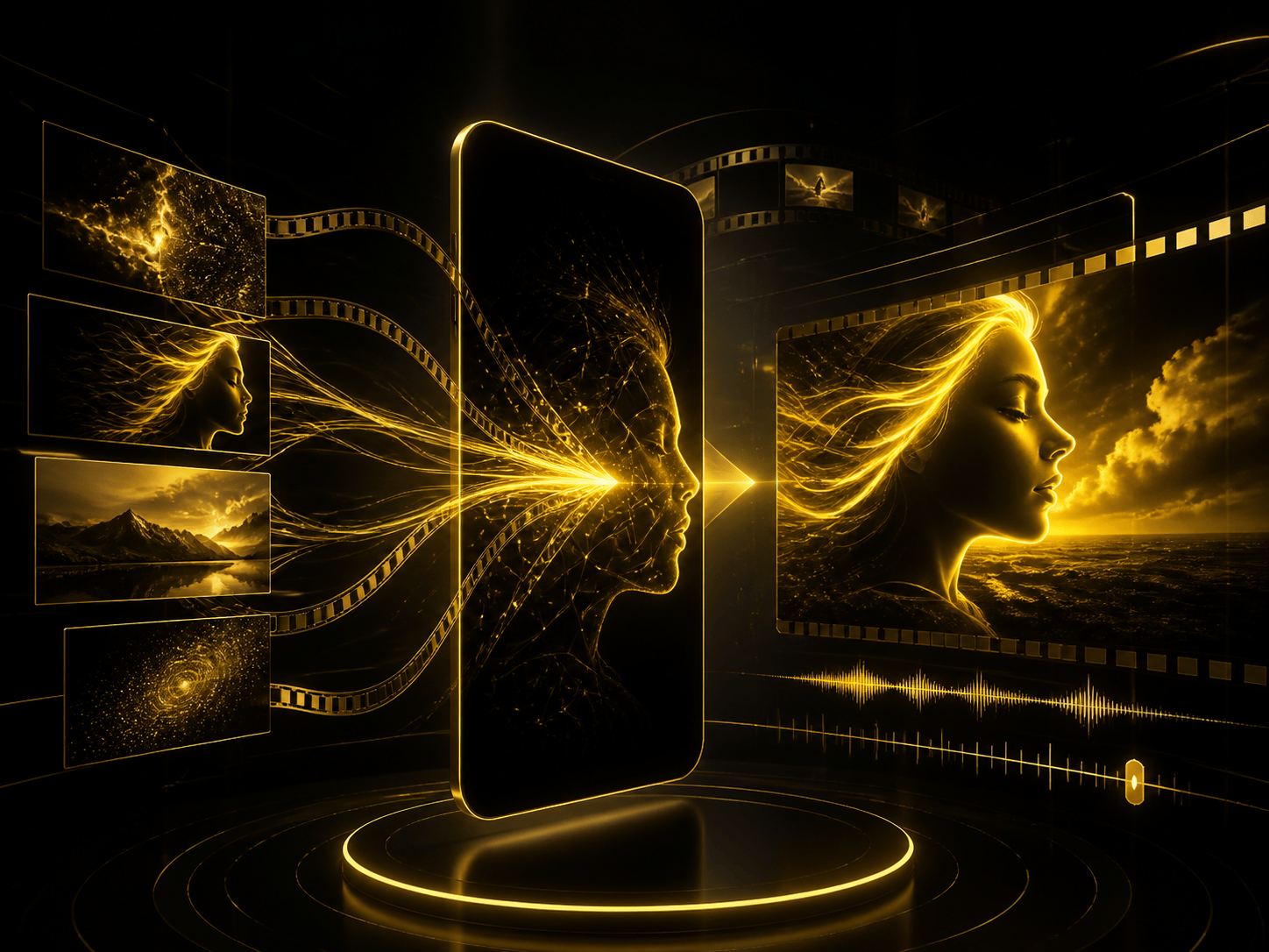 Black and gold AI video process environment with floating frames